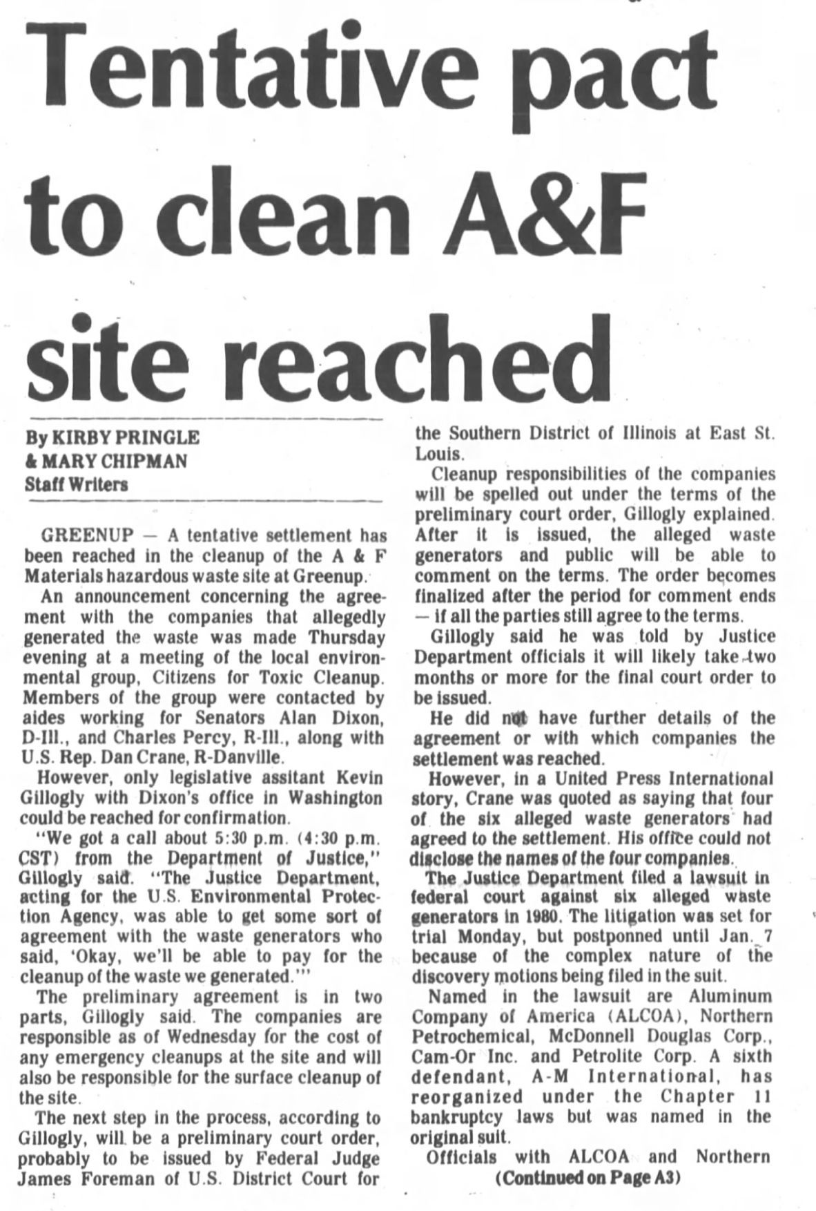 Tentative pact to clean A&F site reached
